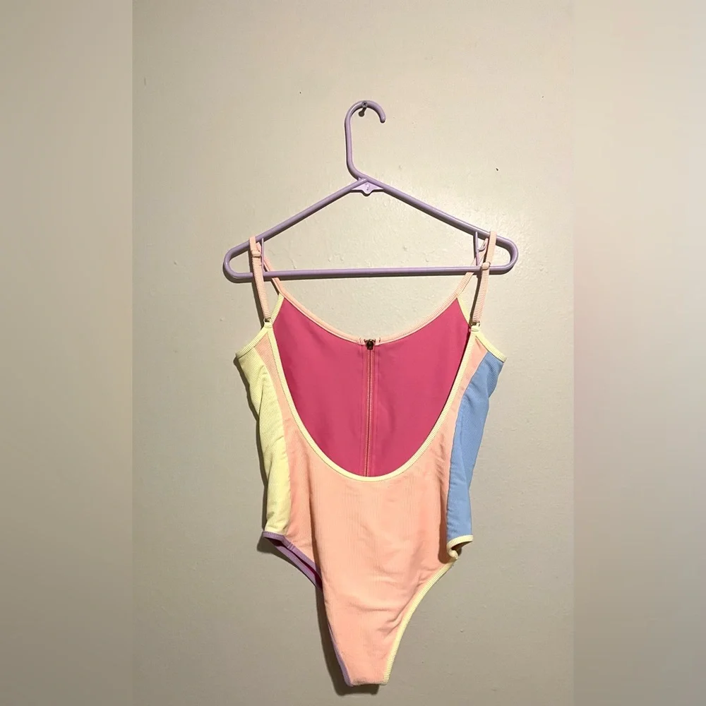 LoveShackFancy Pink and Light Blue Zipper One-Piece Swimsuit